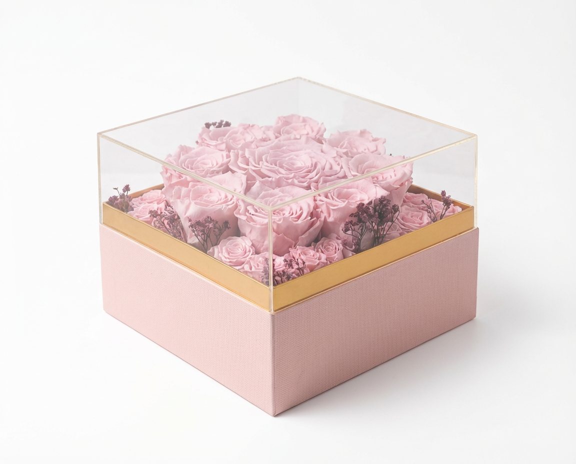 Pink flowers in a transparent box with a gold rim on a white background