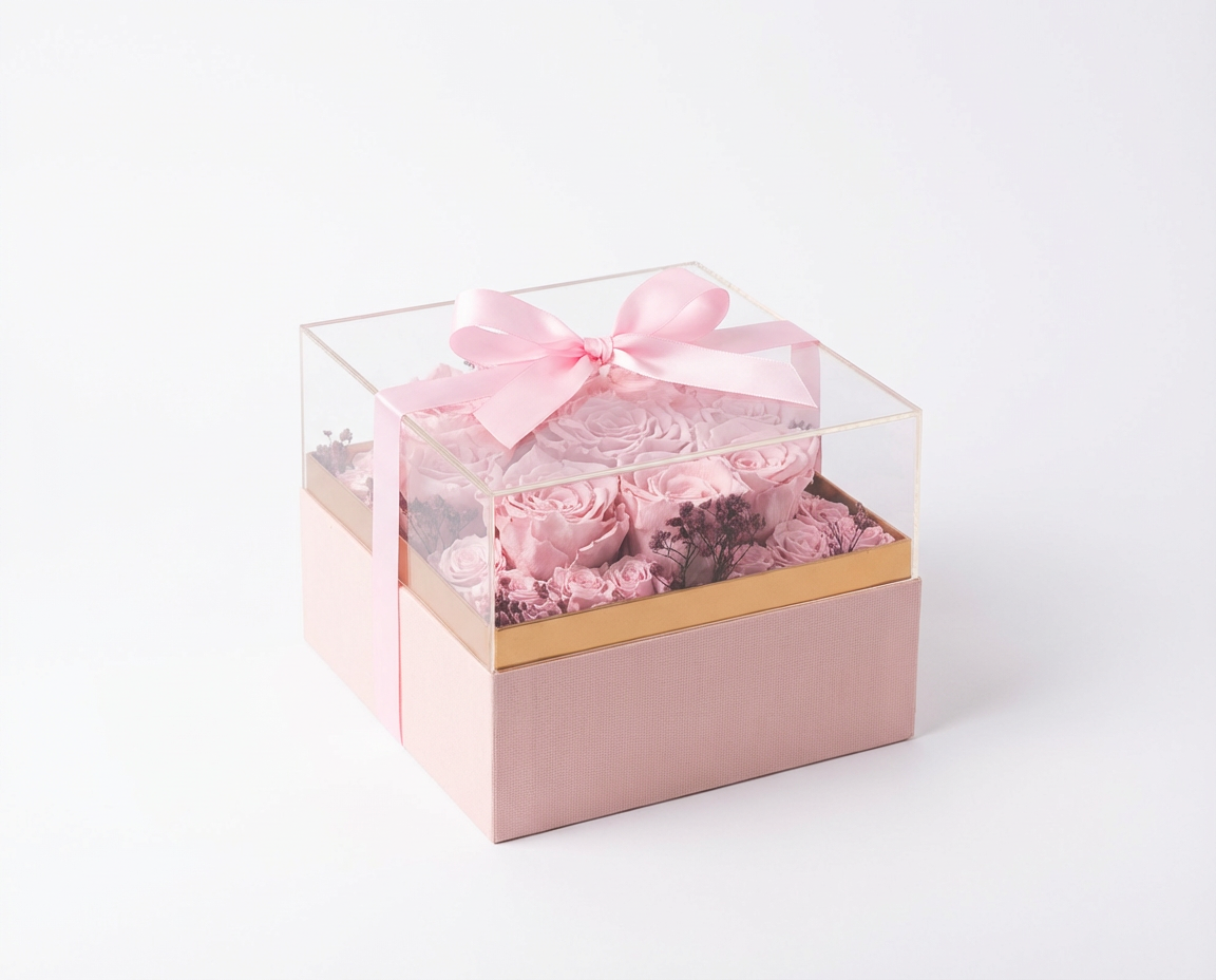 Gift box with pink roses and a bow on a white background