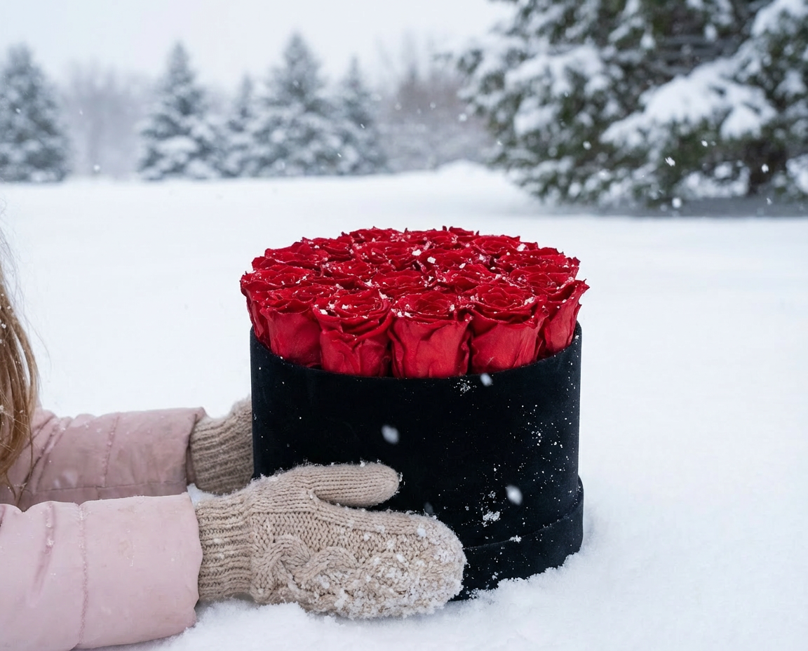 Person holding a black box filled with red roses in a snowy landscape